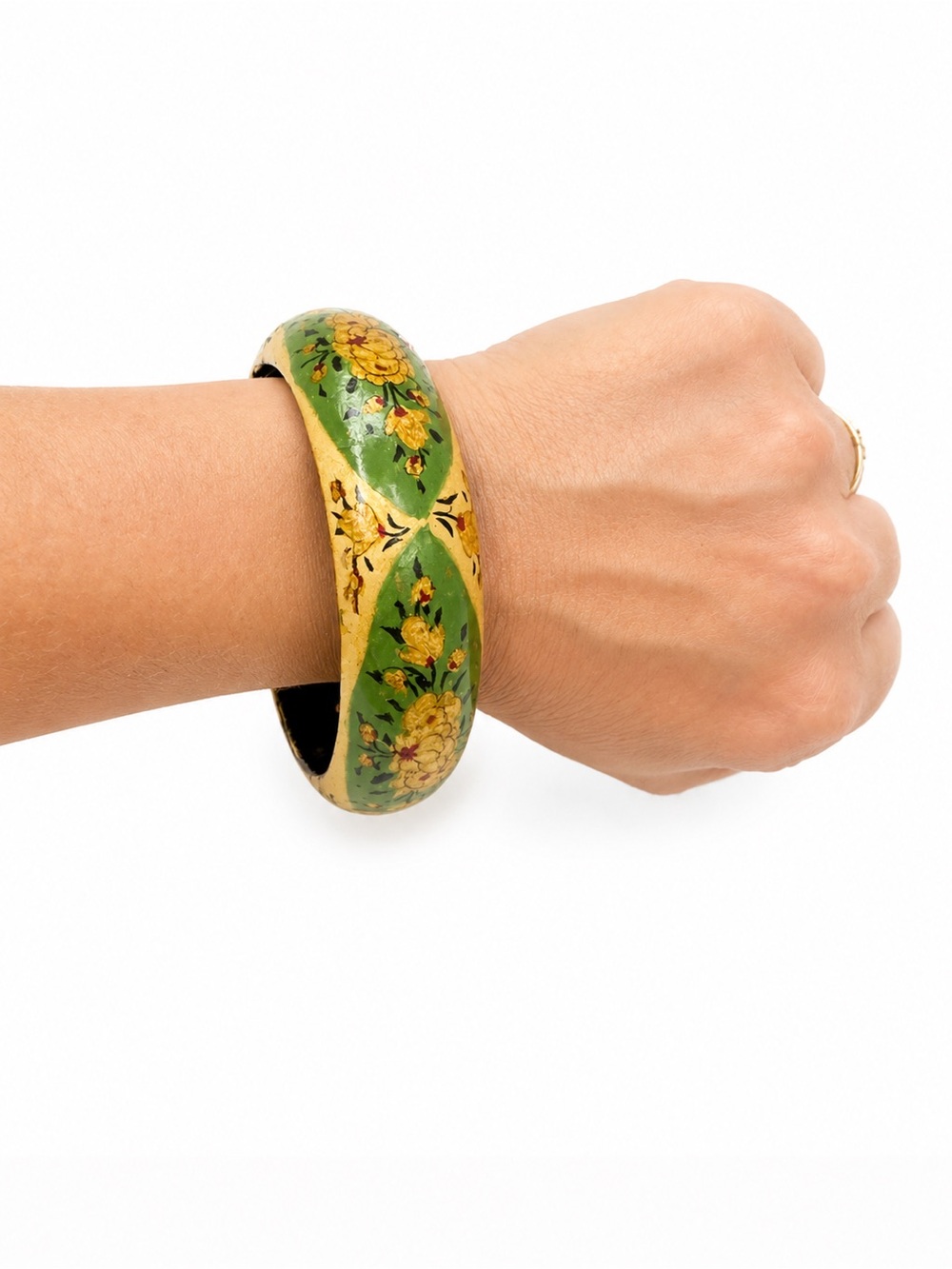 Vintage Hand Painted Wooden‎ Floral Bangle Bracelet Green Gold Boho Cottagecore - Picture 2 of 6